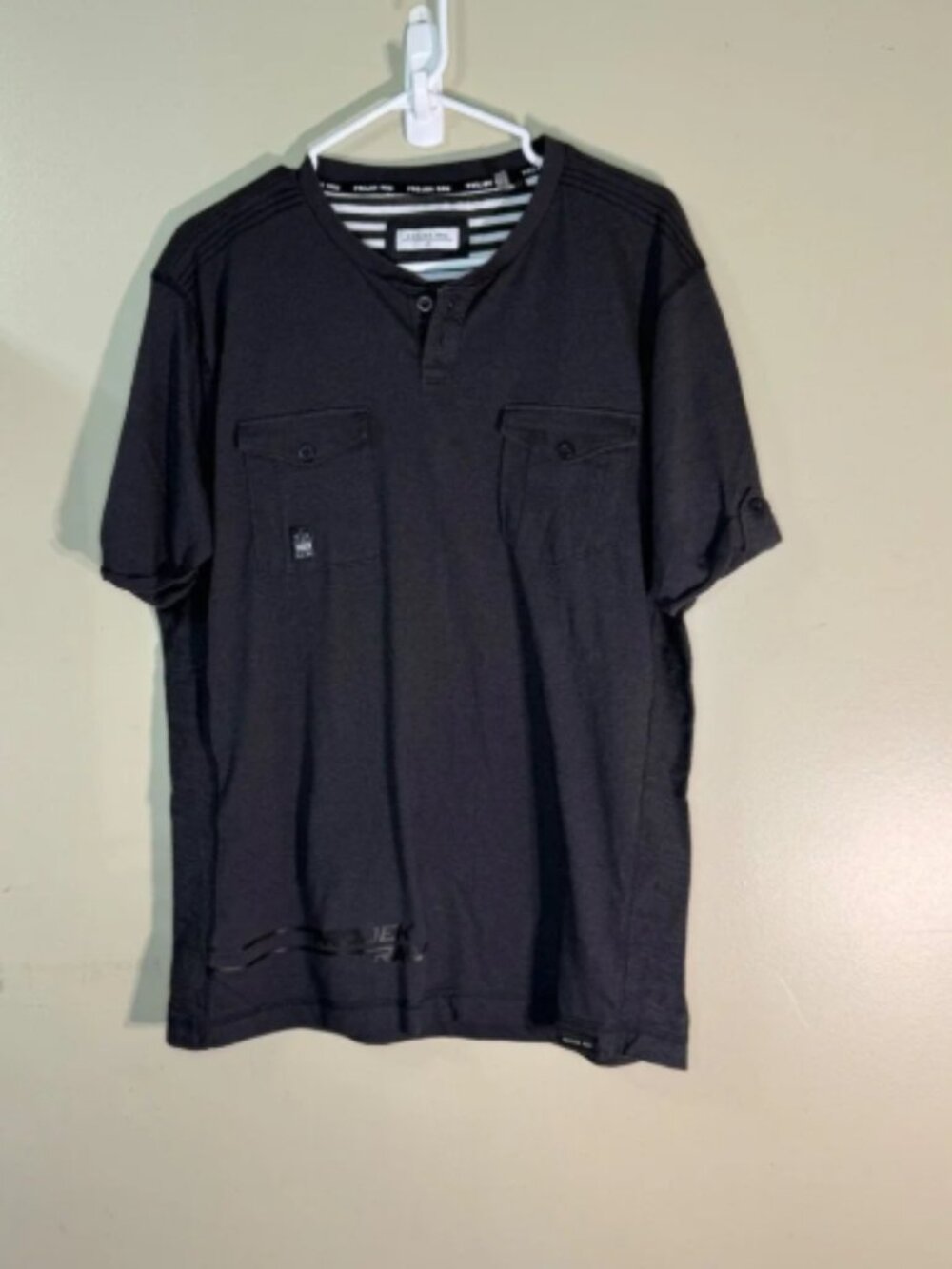 Projek Raw Mens Short Sleeve Henley Shirt Gray Dual Pocket Large